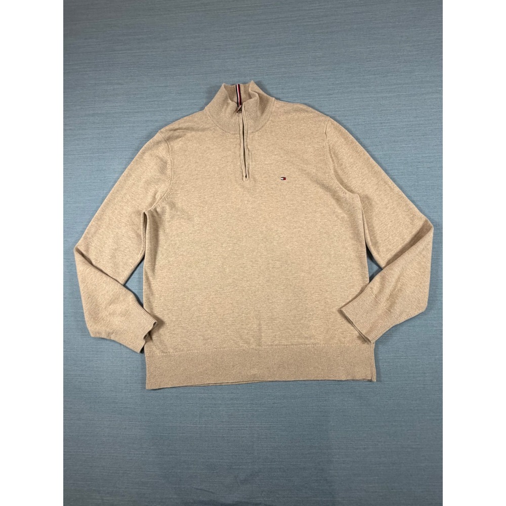 Tommy Hilfiger Mens Quarter Zip Sweater Tan Beige Cotton Mock Neck Large